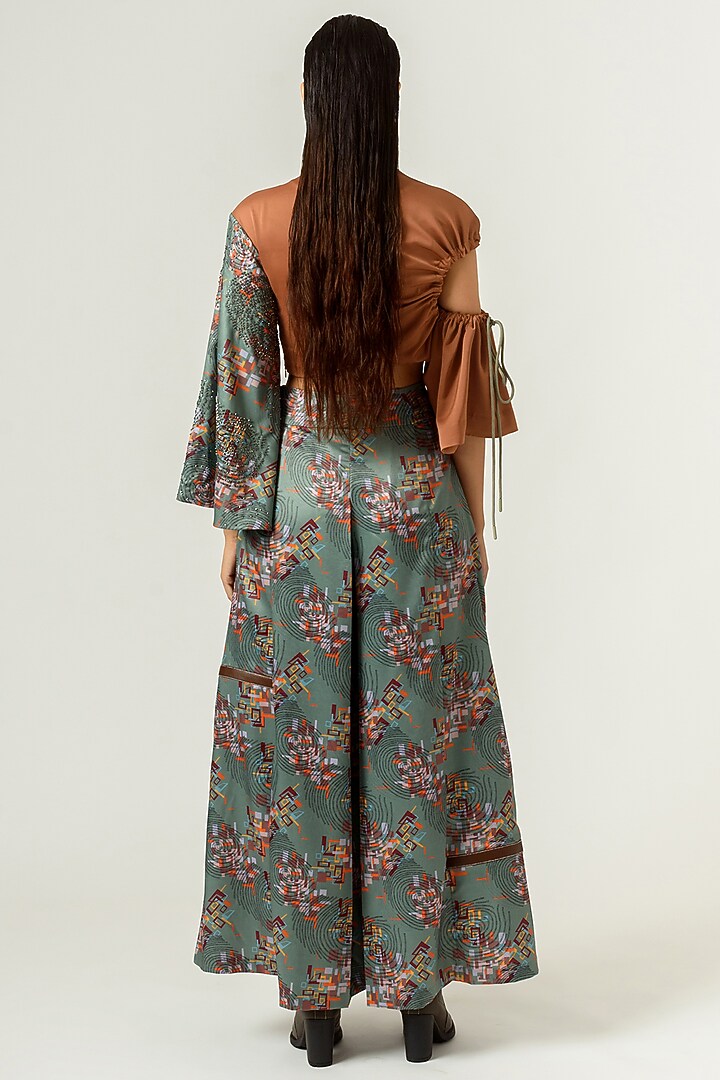 Burnt Almond & Hedge Green Printed Crop Top by SIDDHANT AGRAWAL at Pernia's Pop Up Shop