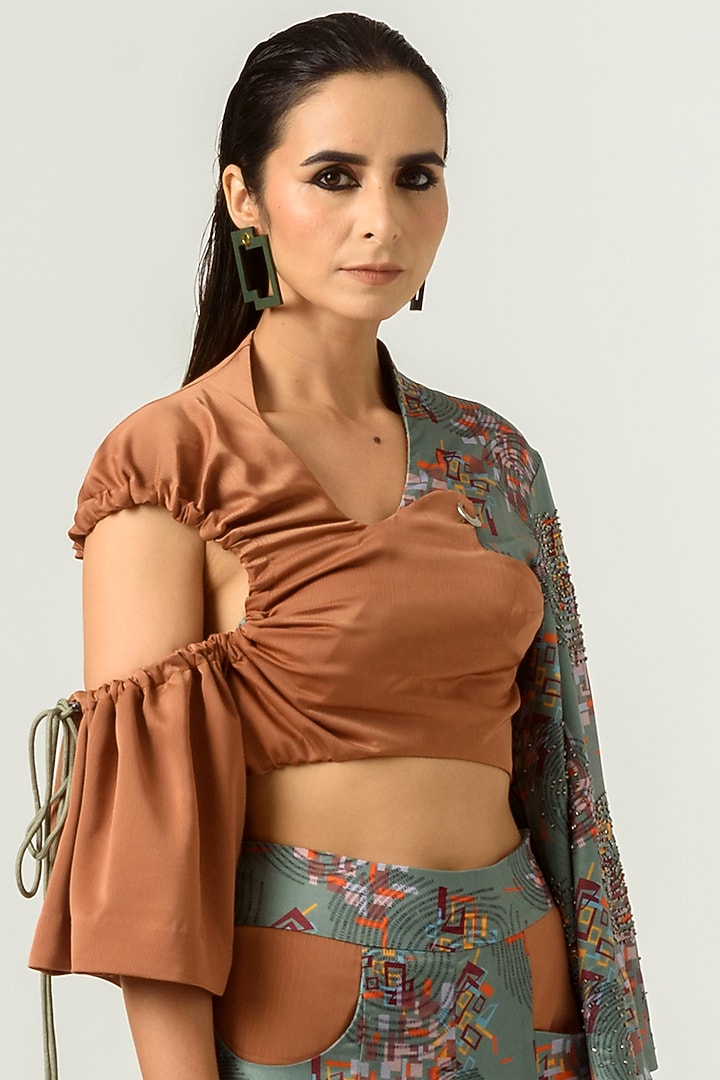 Burnt Almond & Hedge Green Printed Crop Top by SIDDHANT AGRAWAL at Pernia's Pop Up Shop