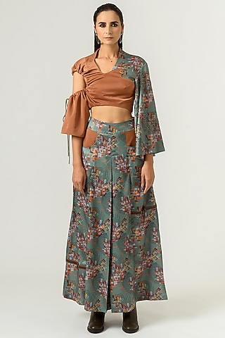 Hedge Green & Burnt Almond Printed Flared Trousers by SIDDHANT AGRAWAL