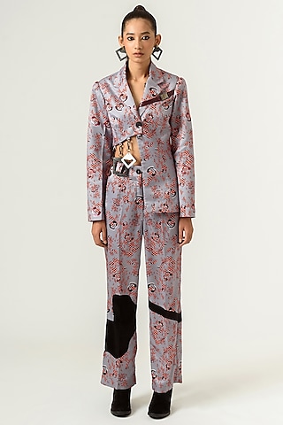 Lilac Grey Printed Tasseled Blazer by SIDDHANT AGRAWAL