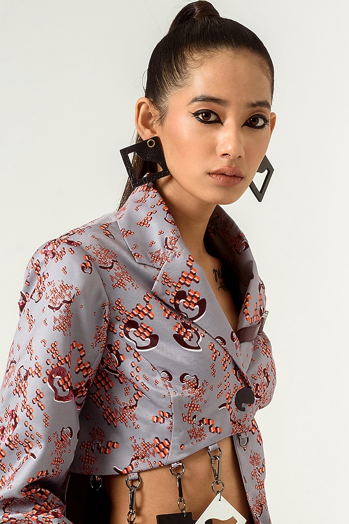 Lilac Grey Printed Tasseled Blazer by SIDDHANT AGRAWAL at Pernia's Pop Up Shop