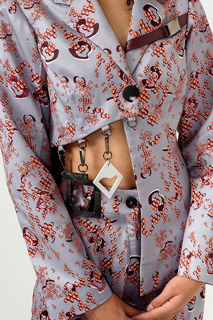 Lilac Grey Printed Tasseled Blazer by SIDDHANT AGRAWAL at Pernia's Pop Up Shop