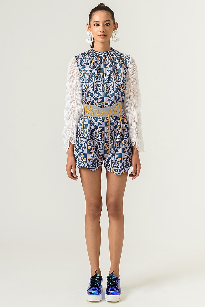 Deep Turquoise & White Printed Bodysuit by SIDDHANT AGRAWAL