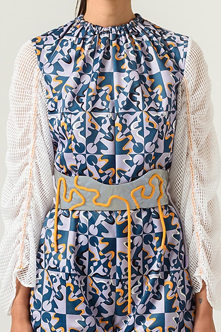 Deep Turquoise & White Printed Bodysuit by SIDDHANT AGRAWAL at Pernia's Pop Up Shop