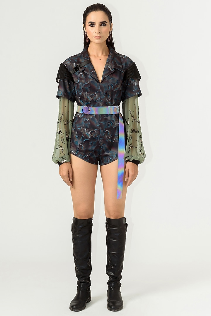 Black & Bud Green Printed Bodysuit by SIDDHANT AGRAWAL at Pernia's Pop Up Shop