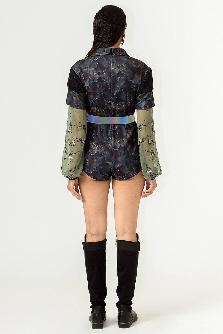 Black & Bud Green Printed Bodysuit by SIDDHANT AGRAWAL at Pernia's Pop Up Shop
