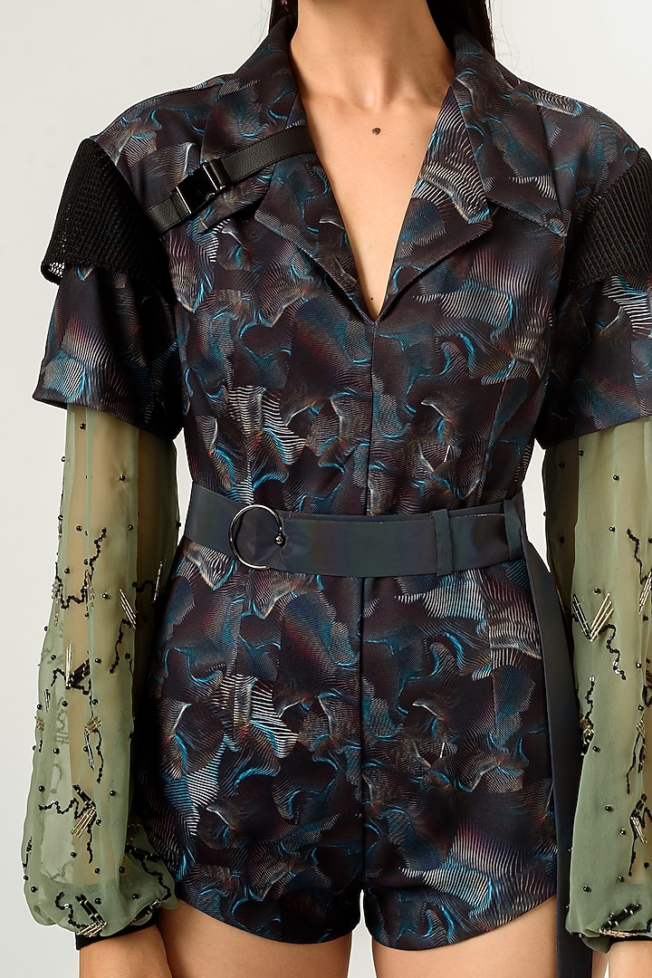 Black & Bud Green Printed Bodysuit by SIDDHANT AGRAWAL at Pernia's Pop Up Shop