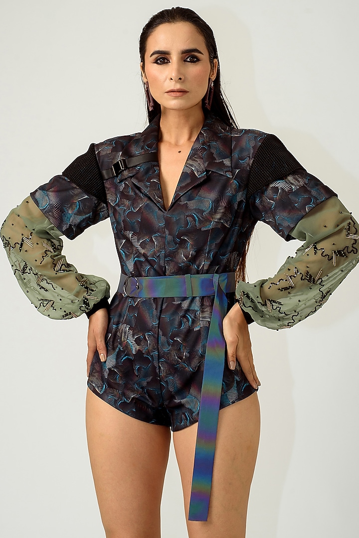 Black & Bud Green Printed Bodysuit by SIDDHANT AGRAWAL at Pernia's Pop Up Shop