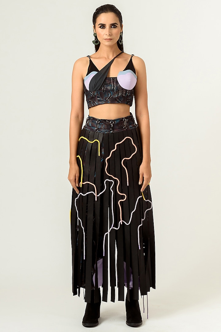 Black Printed Trousers With Detachable Skirt by SIDDHANT AGRAWAL