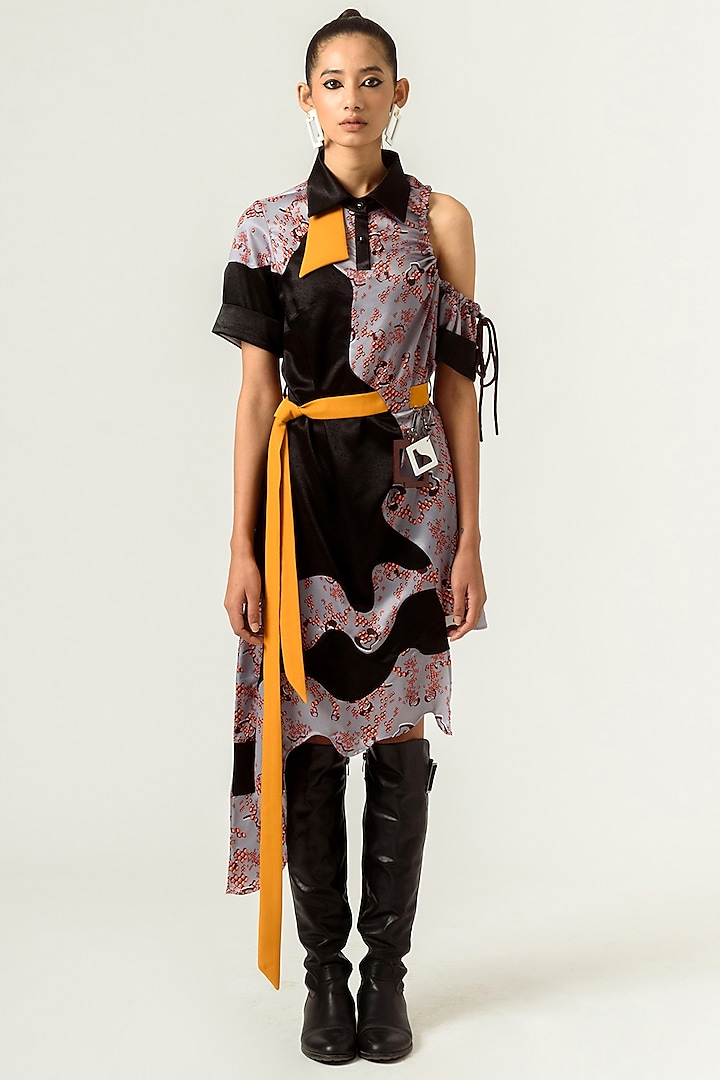Black & Lilac Grey Printed High-Low Dress by SIDDHANT AGRAWAL