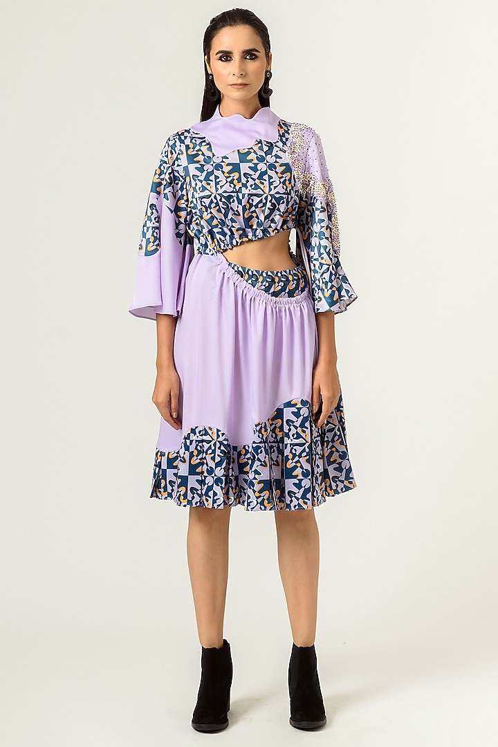 Lilac & Deep Turquoise Printed A-Line Dress by SIDDHANT AGRAWAL