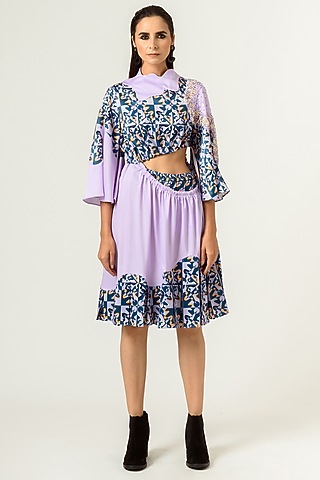 Lilac & Deep Turquoise Printed A-Line Dress by SIDDHANT AGRAWAL