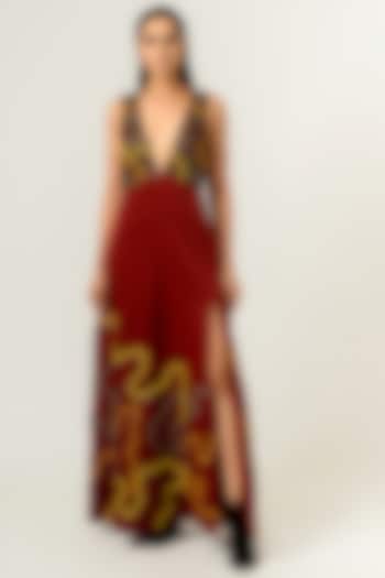Cayenne Red & Dark Chocolate Hand Embroidered Gown by SIDDHANT AGRAWAL