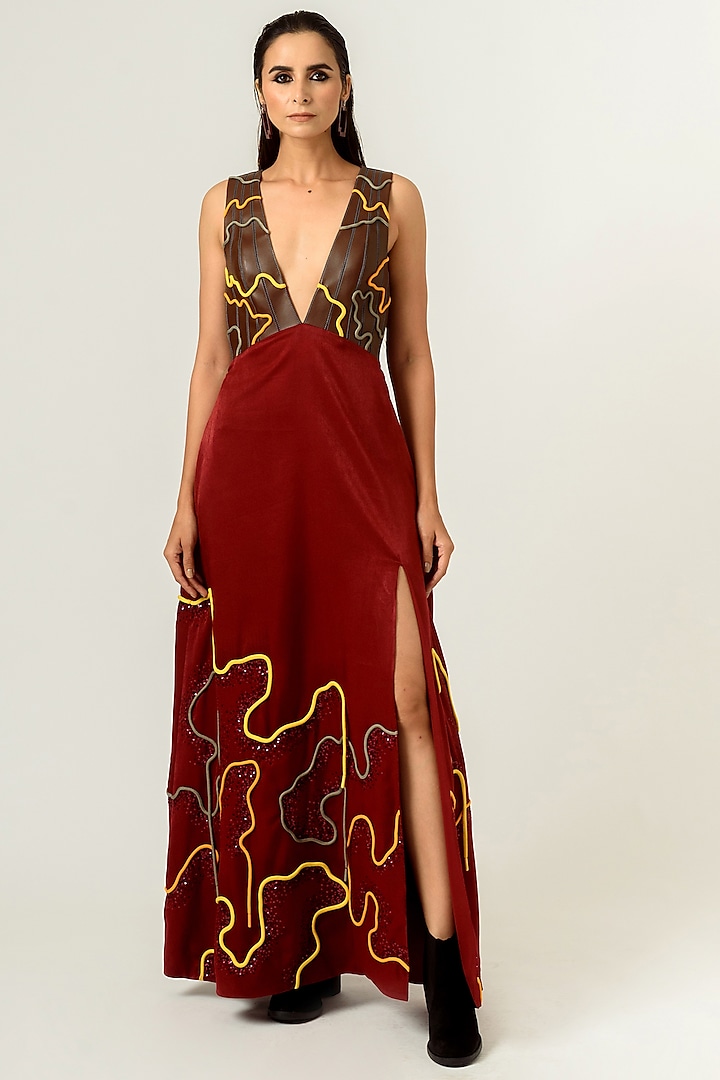 Cayenne Red & Dark Chocolate Hand Embroidered Gown by SIDDHANT AGRAWAL