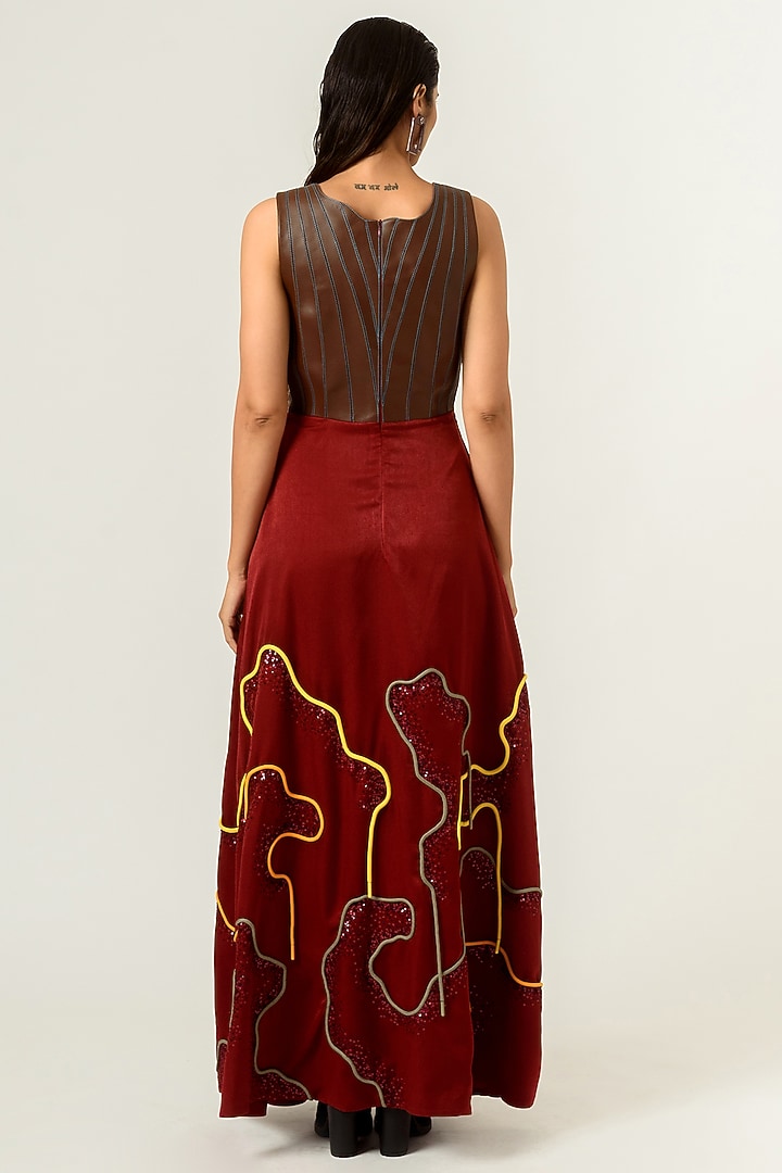 Cayenne Red & Dark Chocolate Hand Embroidered Gown by SIDDHANT AGRAWAL at Pernia's Pop Up Shop