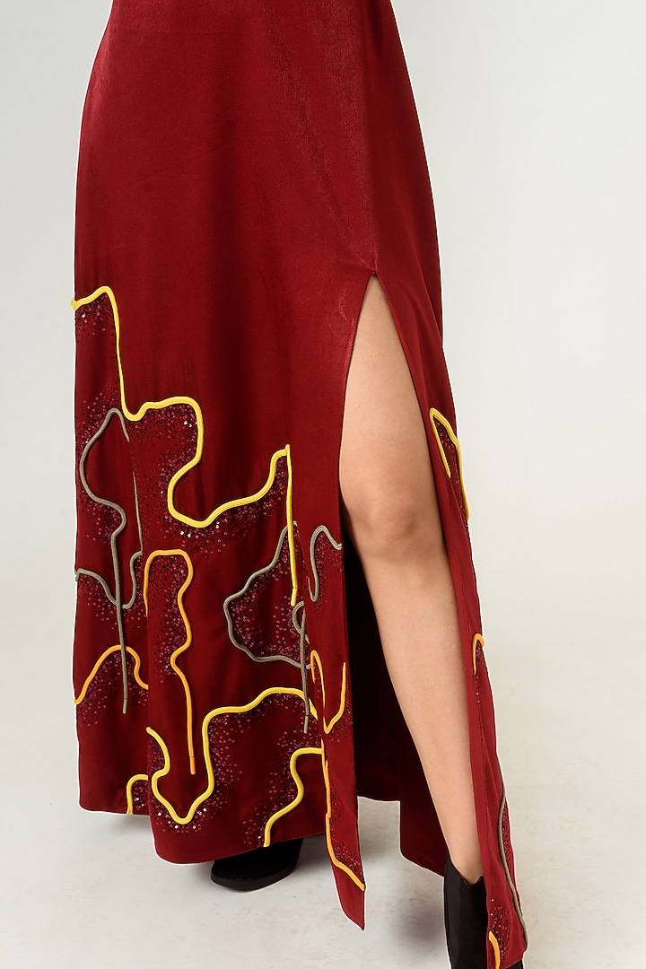 Cayenne Red & Dark Chocolate Hand Embroidered Gown by SIDDHANT AGRAWAL at Pernia's Pop Up Shop