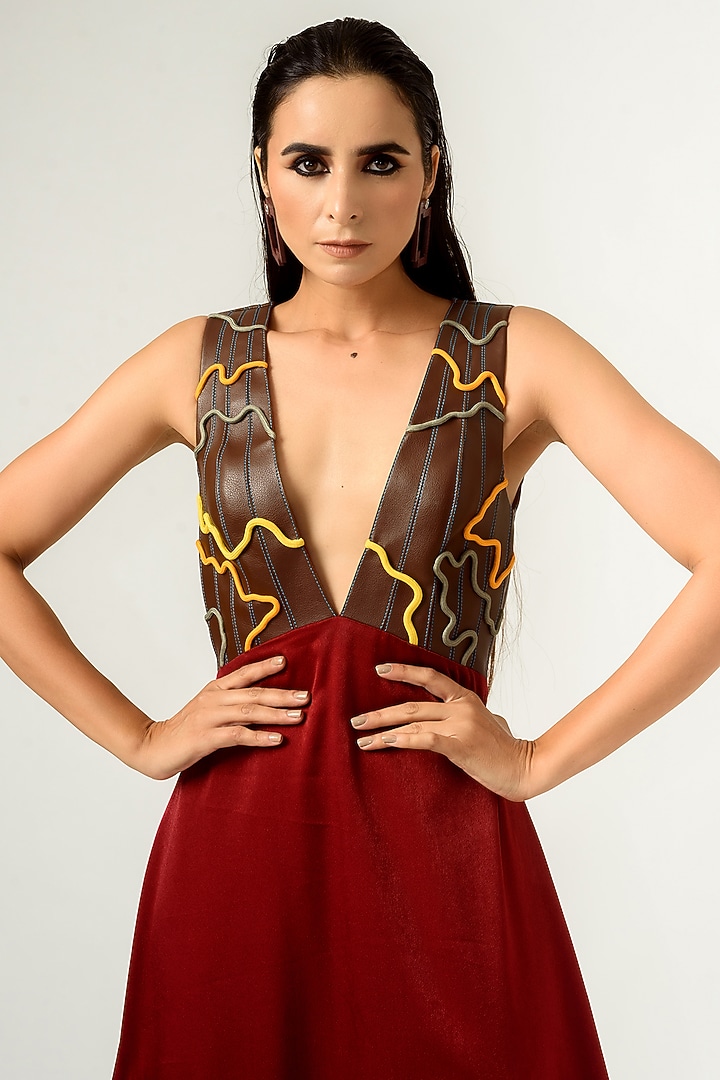 Cayenne Red & Dark Chocolate Hand Embroidered Gown by SIDDHANT AGRAWAL at Pernia's Pop Up Shop