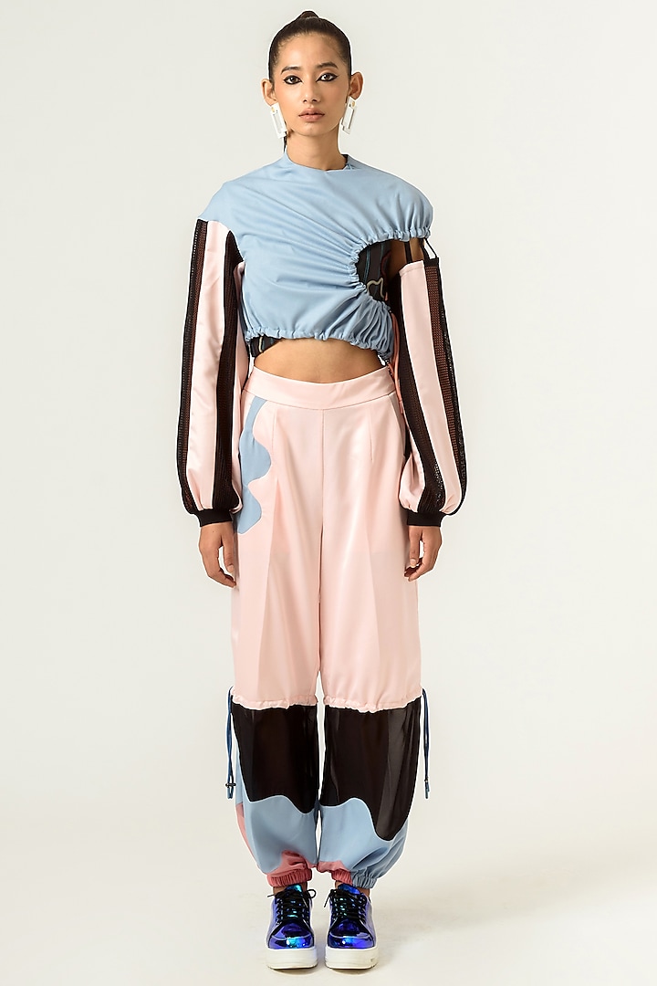 Cashmere Blue & Peach Crop Top by SIDDHANT AGRAWAL