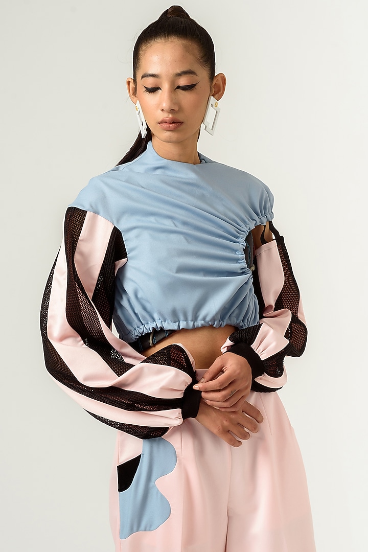 Cashmere Blue & Peach Crop Top by SIDDHANT AGRAWAL at Pernia's Pop Up Shop