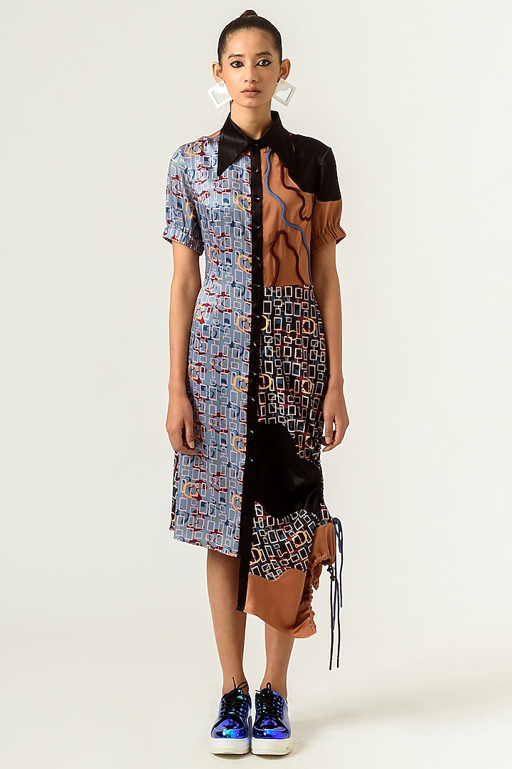 Ice Blue & Burnt Almond Printed Shirt Dress by SIDDHANT AGRAWAL at Pernia's Pop Up Shop