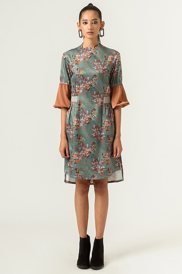 Hedge Green & Burnt Almond Printed Dress by SIDDHANT AGRAWAL
