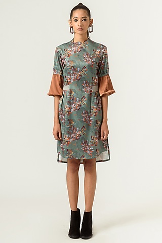 Hedge Green & Burnt Almond Printed Dress by SIDDHANT AGRAWAL