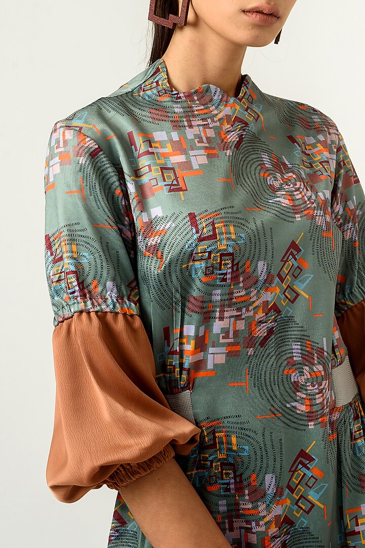 Hedge Green & Burnt Almond Printed Summer Dress by SIDDHANT AGRAWAL at Pernia's Pop Up Shop