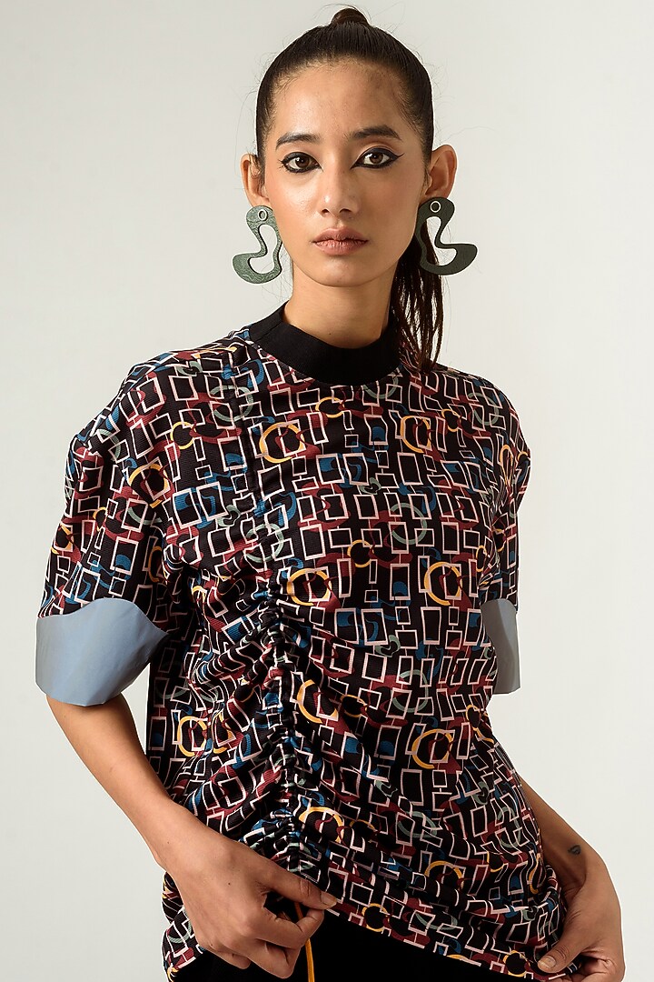 Black Torment Printed Gathered T-Shirt by SIDDHANT AGRAWAL at Pernia's Pop Up Shop