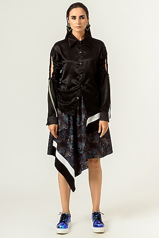 Black Poly Velvet Satin Shirt by SIDDHANT AGRAWAL