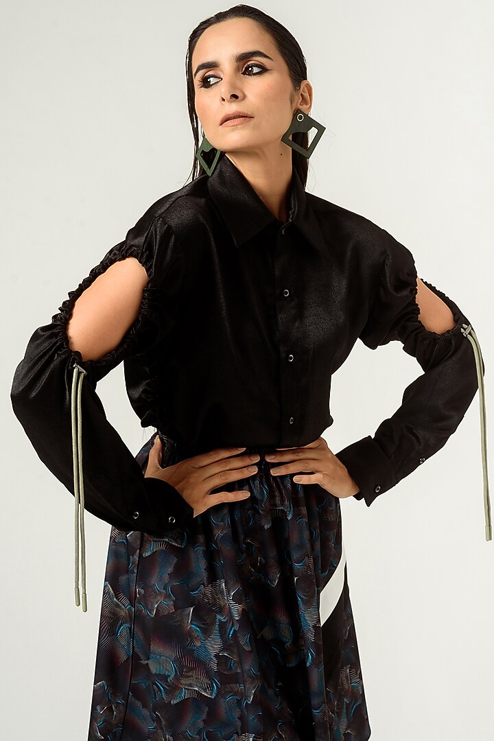 Black Poly Velvet Satin Shirt by SIDDHANT AGRAWAL at Pernia's Pop Up Shop