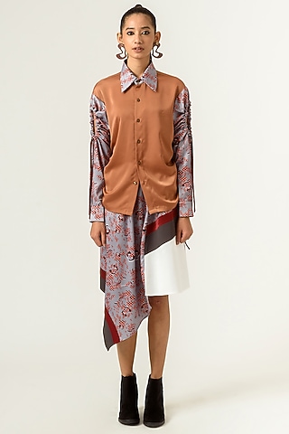 Burnt Almond & Lilac Grey Printed Shirt by SIDDHANT AGRAWAL