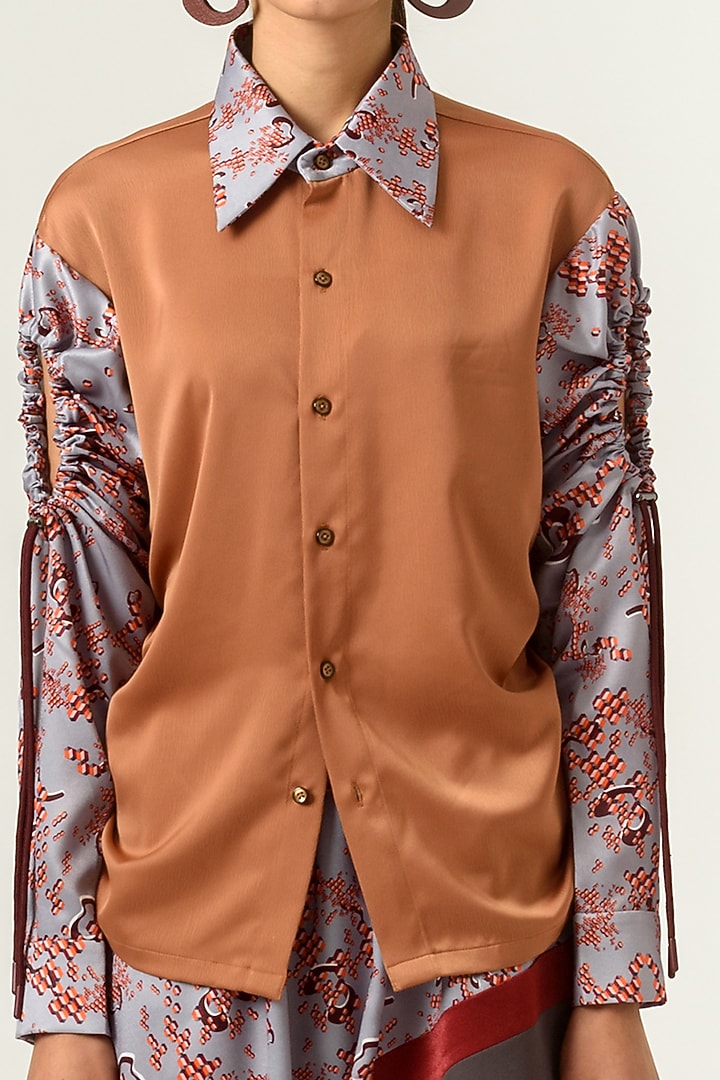 Burnt Almond & Lilac Grey Printed Shirt by SIDDHANT AGRAWAL at Pernia's Pop Up Shop