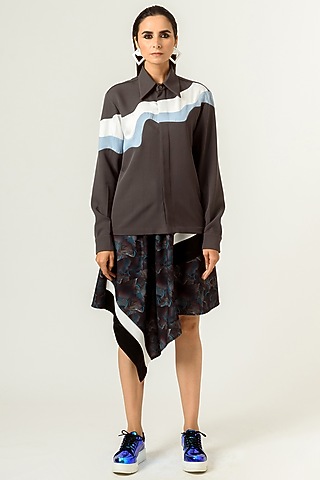 Mud Grey Printed Panelled Shirt by SIDDHANT AGRAWAL