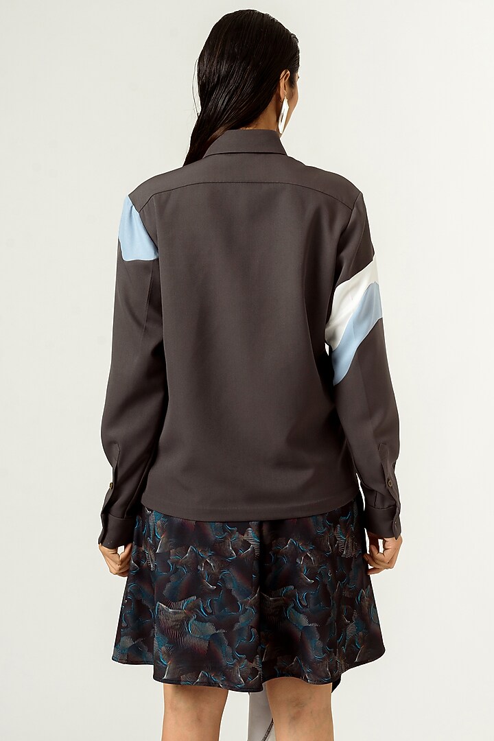 Mud Grey Printed Panelled Shirt by SIDDHANT AGRAWAL at Pernia's Pop Up Shop