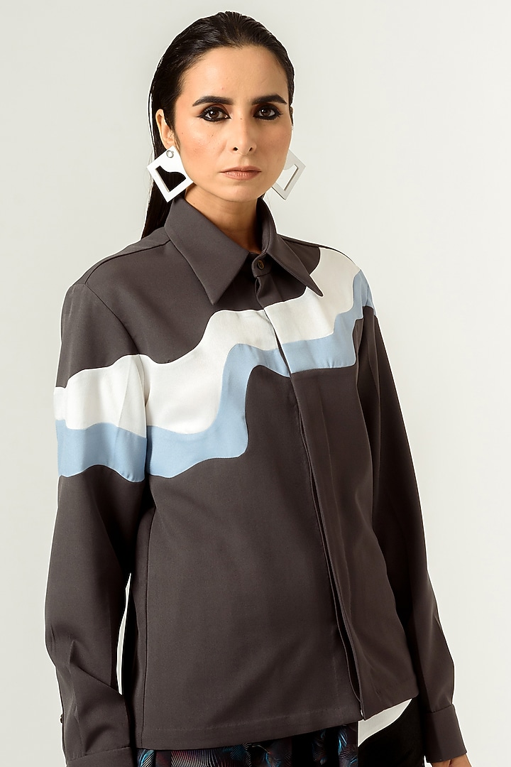 Mud Grey Printed Panelled Shirt by SIDDHANT AGRAWAL at Pernia's Pop Up Shop