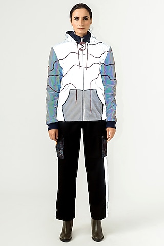 White Hand Embroidered Bomber Jacket by SIDDHANT AGRAWAL