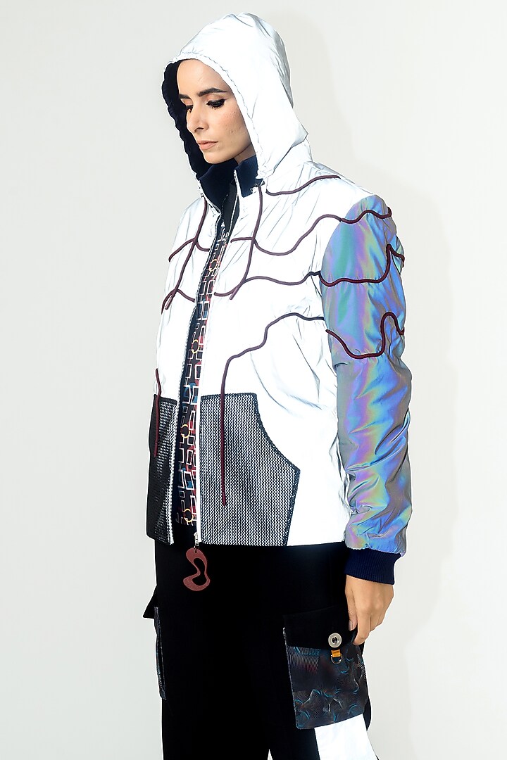 White Hand Embroidered Bomber Jacket by SIDDHANT AGRAWAL at Pernia's Pop Up Shop
