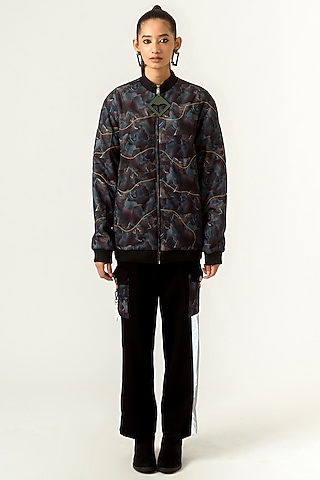 Black Printed Bomber Jacket by SIDDHANT AGRAWAL