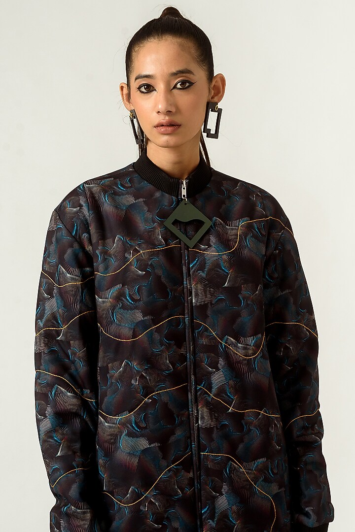Black Printed Bomber Jacket by SIDDHANT AGRAWAL at Pernia's Pop Up Shop