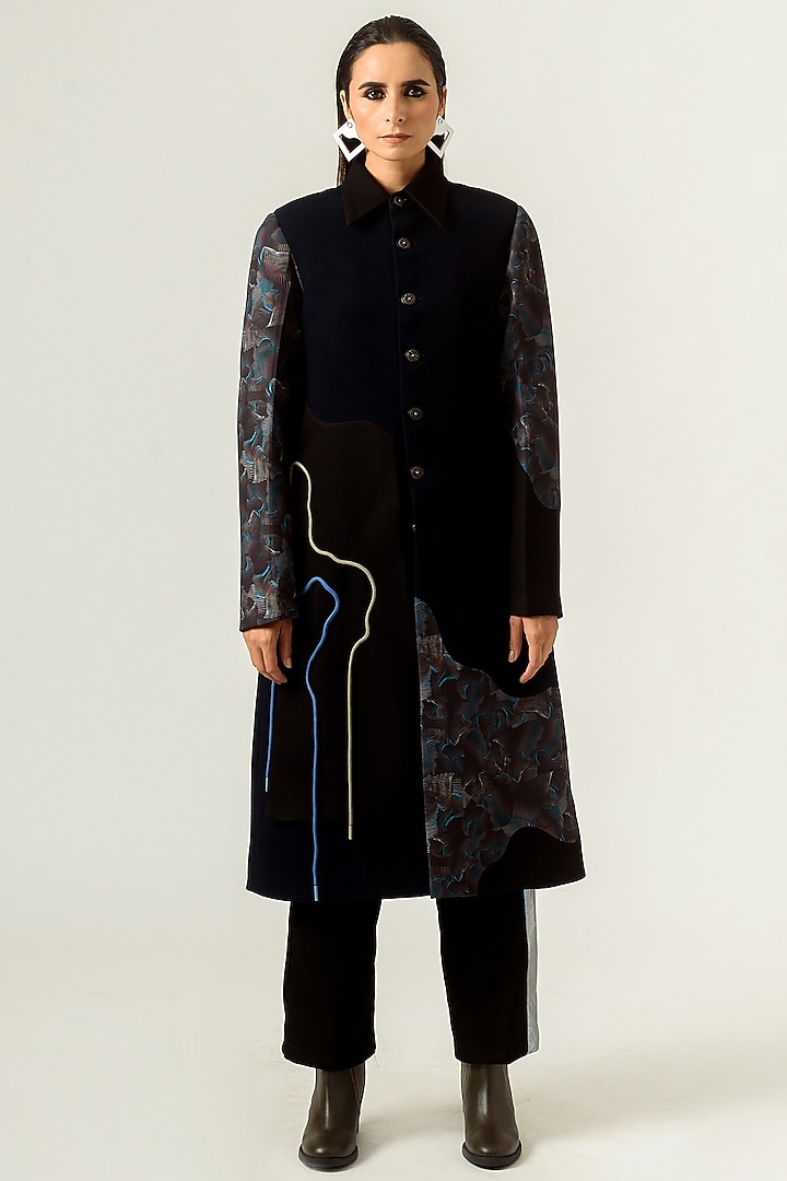 Dark Navy Blue & Black Printed Panelled Trench Coat by SIDDHANT AGRAWAL