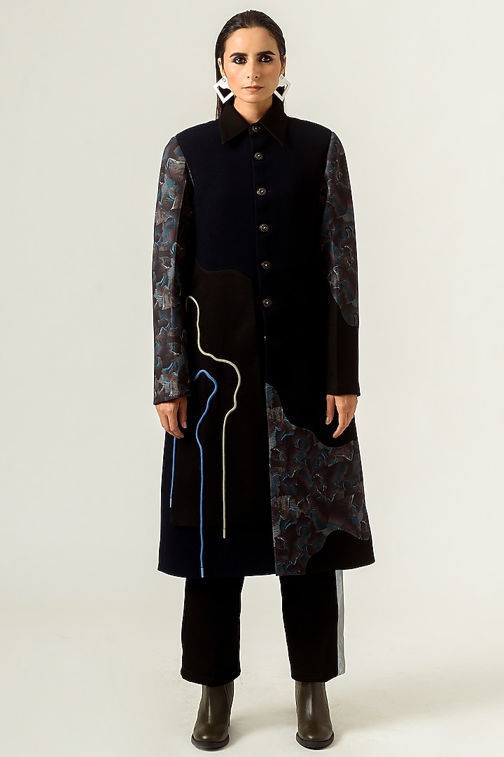 Dark Navy Blue & Black Printed Panelled Trench Coat by SIDDHANT AGRAWAL at Pernia's Pop Up Shop