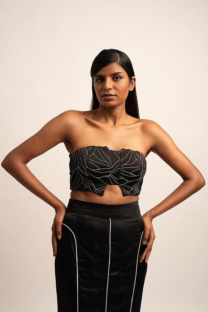 Black Japanese Satin Machine Embroidered Bustier by SIDDHANT AGRAWAL