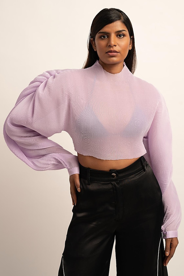Lavender Flud Organza Micro Pleated Top by SIDDHANT AGRAWAL