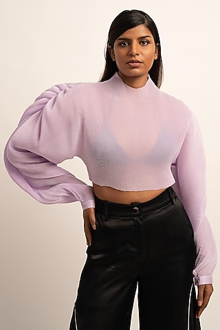 Lavender Flud Organza Micro Pleated Top by SIDDHANT AGRAWAL