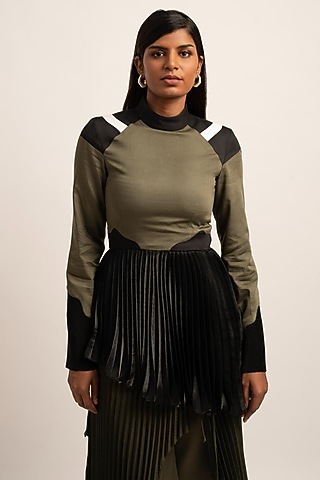 Olive Green Viscose Moss Crepe Satin Top by SIDDHANT AGRAWAL