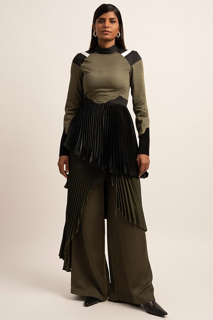 Olive Green Viscose Moss Crepe Satin Top by SIDDHANT AGRAWAL at Pernia's Pop Up Shop