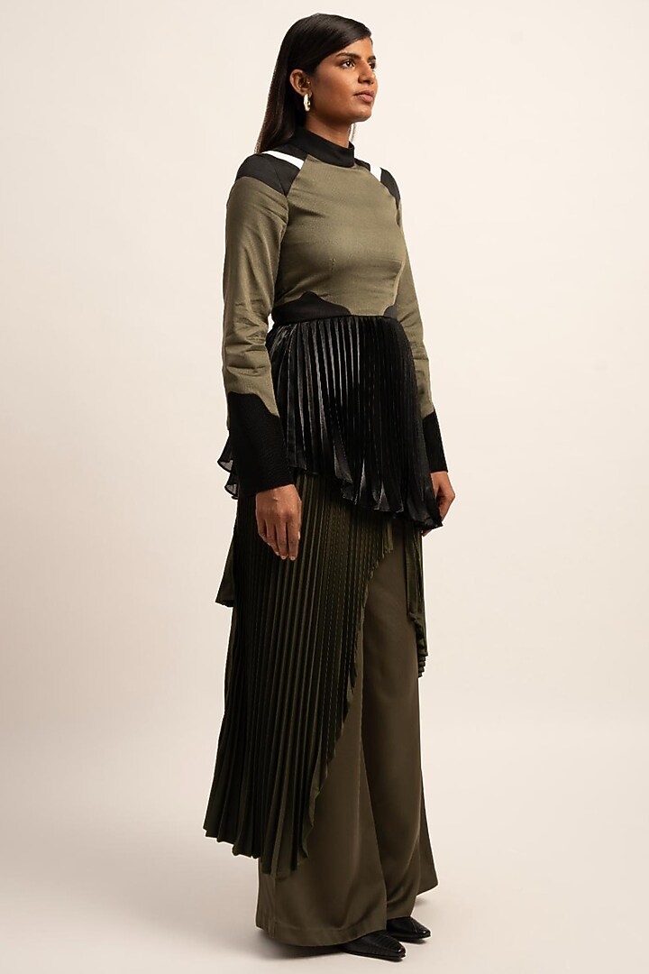 Olive Green Viscose Moss Crepe Satin Top by SIDDHANT AGRAWAL at Pernia's Pop Up Shop