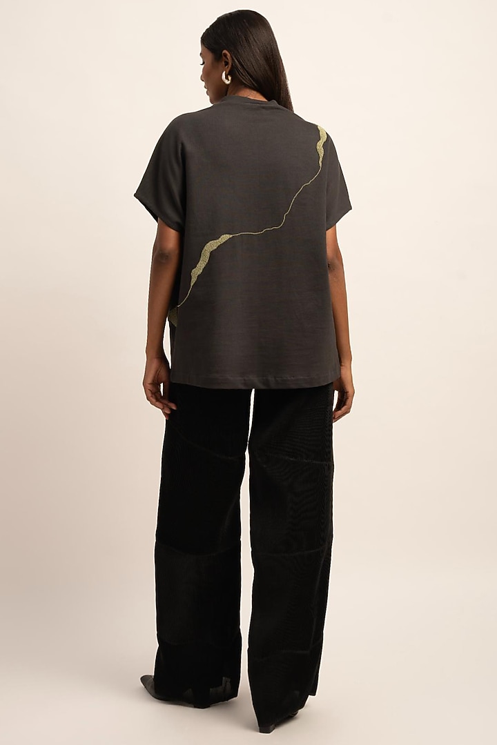 Grey Terry Cotton Hand-Beaded T-Shirt by SIDDHANT AGRAWAL at Pernia's Pop Up Shop