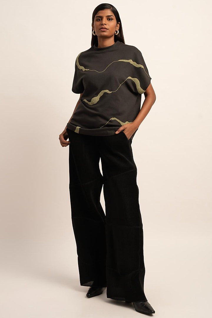 Grey Terry Cotton Hand-Beaded T-Shirt by SIDDHANT AGRAWAL at Pernia's Pop Up Shop