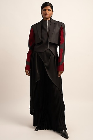 Grey Suiting & Tulle Crepe Crystal Sleeveless Jacket Set by SIDDHANT AGRAWAL